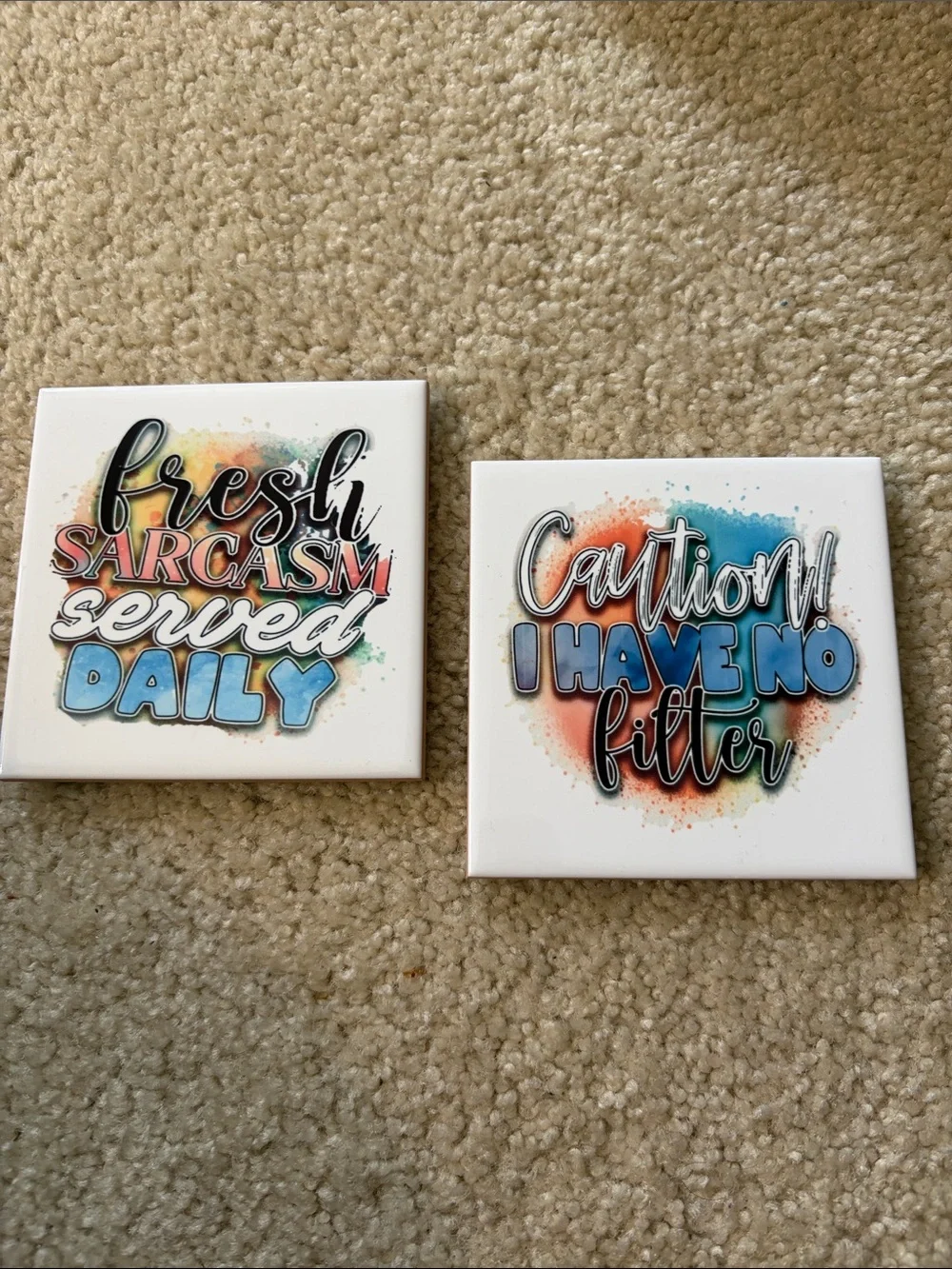 Set of 2 Humorous Ceramic Tile Coasters - Blue,Orange,Teal,White Accents - NWOT